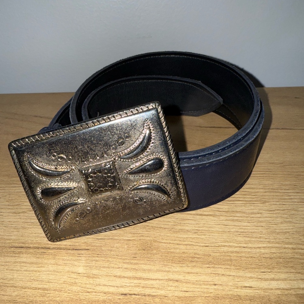 AM Made In‎ Italy Silver Tone Belt Buckle 3” Blue Leather Belt USA Size L 37”